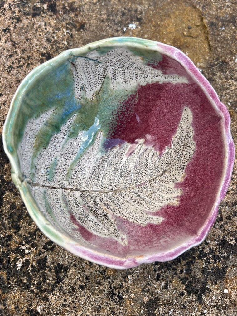 Fresh fern-pressed dish, straight from the kiln