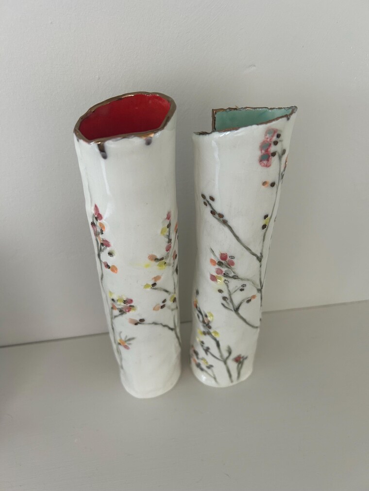 Louise, Sally's hand-thrown porcelain vase with a painted branch design
